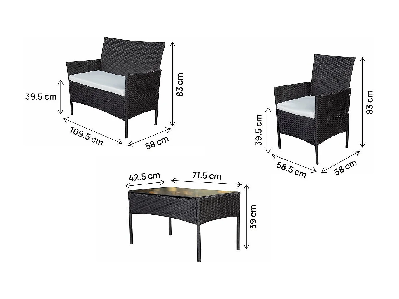 Conjunto de jardim Toronto para 4 pessoas em resina trançada preta com almofadas brancas grossas de 6 cm