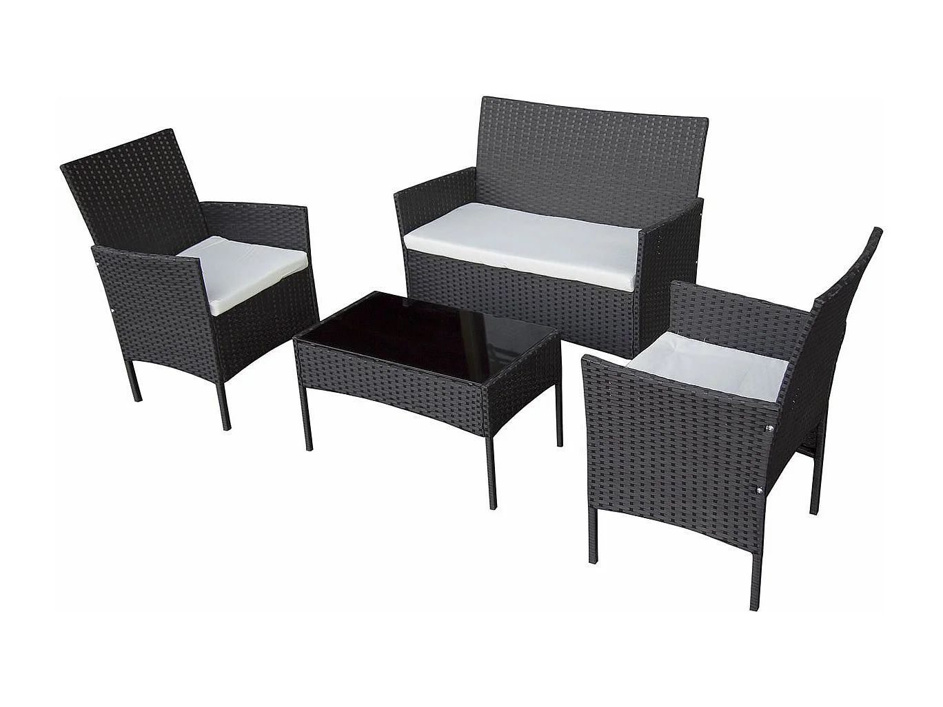 Conjunto de jardim Toronto para 4 pessoas em resina trançada preta com almofadas brancas grossas de 6 cm