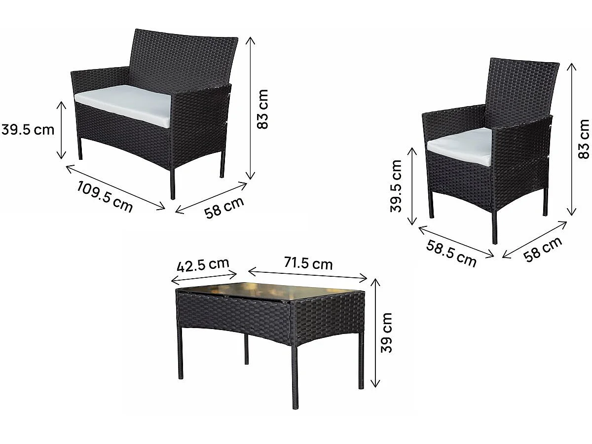 Conjunto de Móveis de Jardim em Vime de Resina Preto Moderno e Elegante para 4 Pessoas "Toronto" com Almofadas Brancas