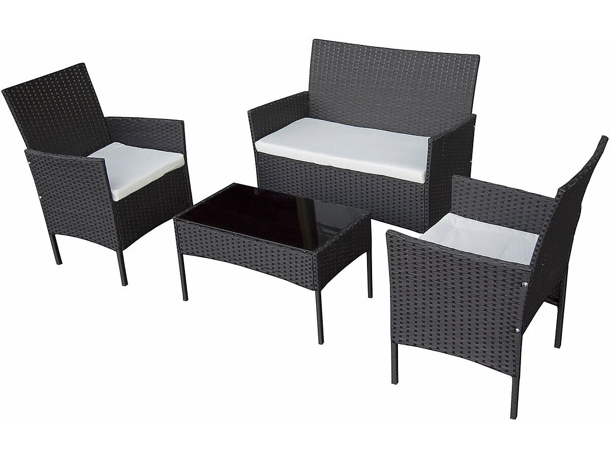 Conjunto de Móveis de Jardim em Vime de Resina Preto Moderno e Elegante para 4 Pessoas "Toronto" com Almofadas Brancas