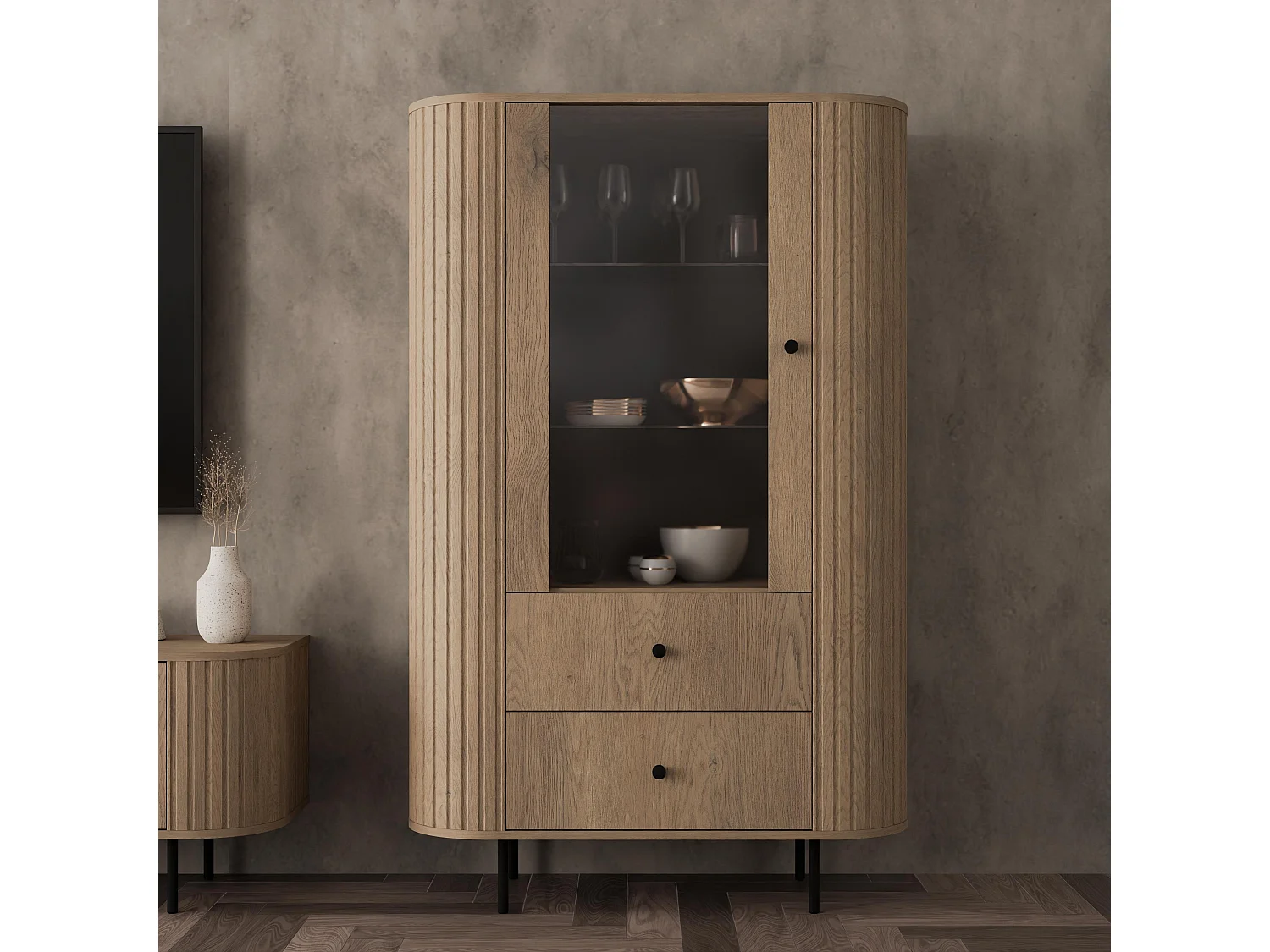 AX LIVING Vitrine Halay Eiche Cremona, 1 Tür & 2 Schubladen Moderne Rillenstruktur, mit runden Kanten