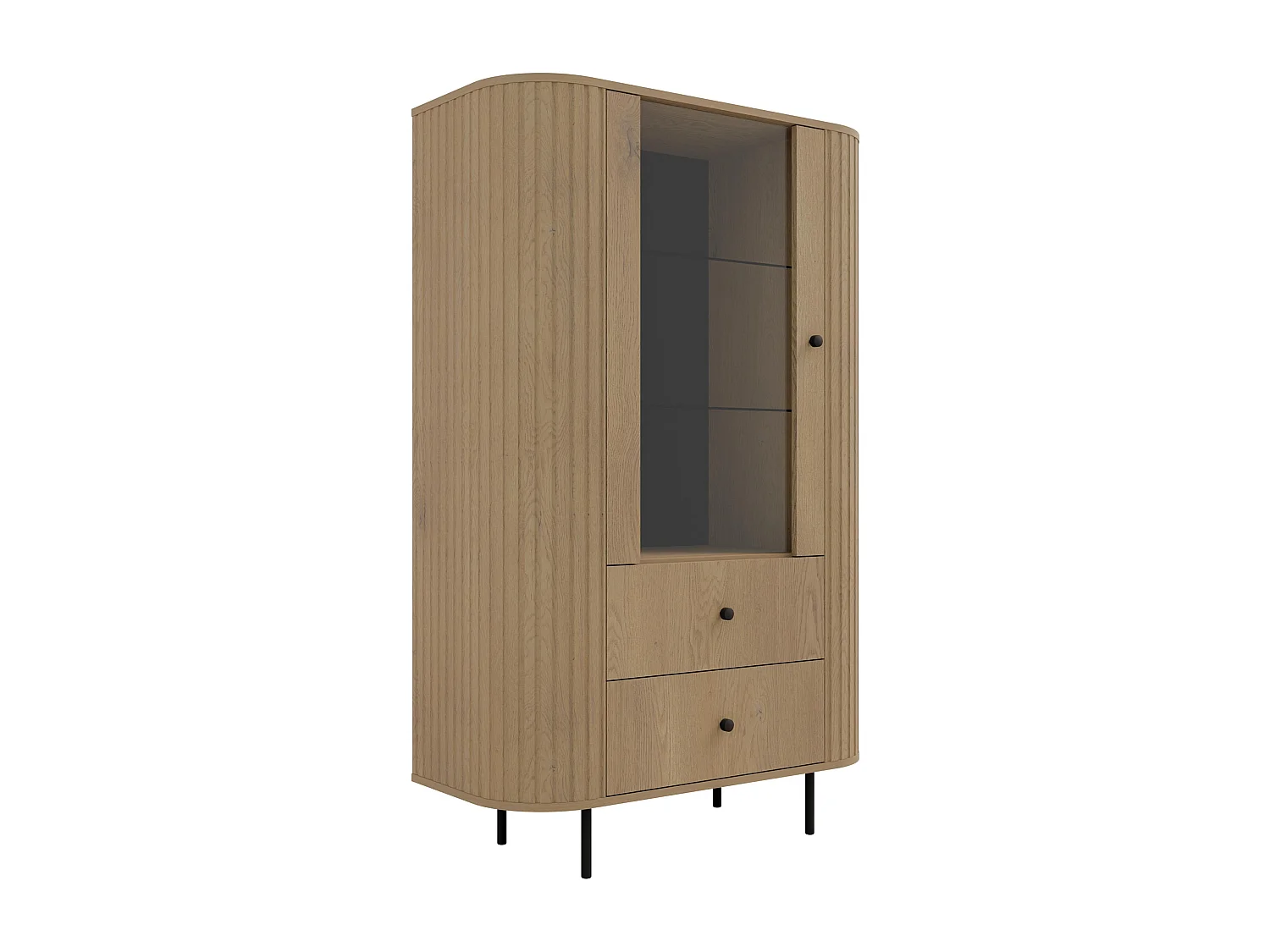 AX LIVING Vitrine Halay Eiche Cremona, 1 Tür & 2 Schubladen Moderne Rillenstruktur, mit runden Kanten