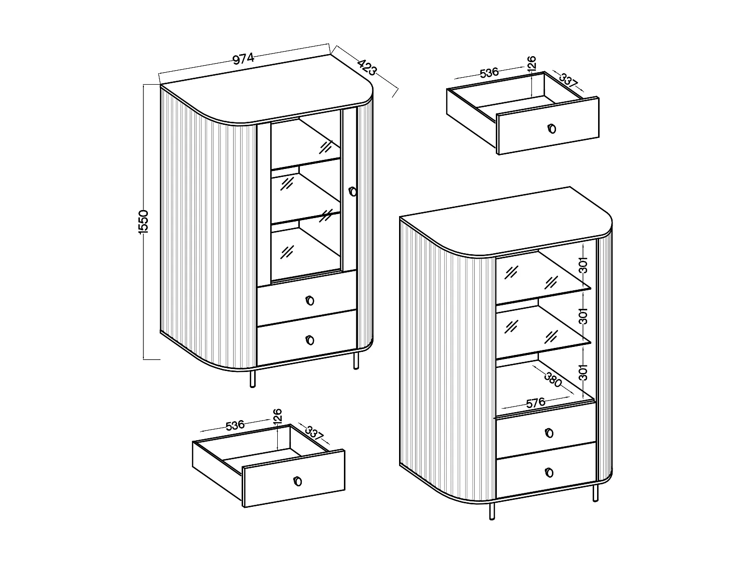 AX LIVING Vitrine Halay Eiche Cremona, 1 Tür & 2 Schubladen Moderne Rillenstruktur, mit runden Kanten