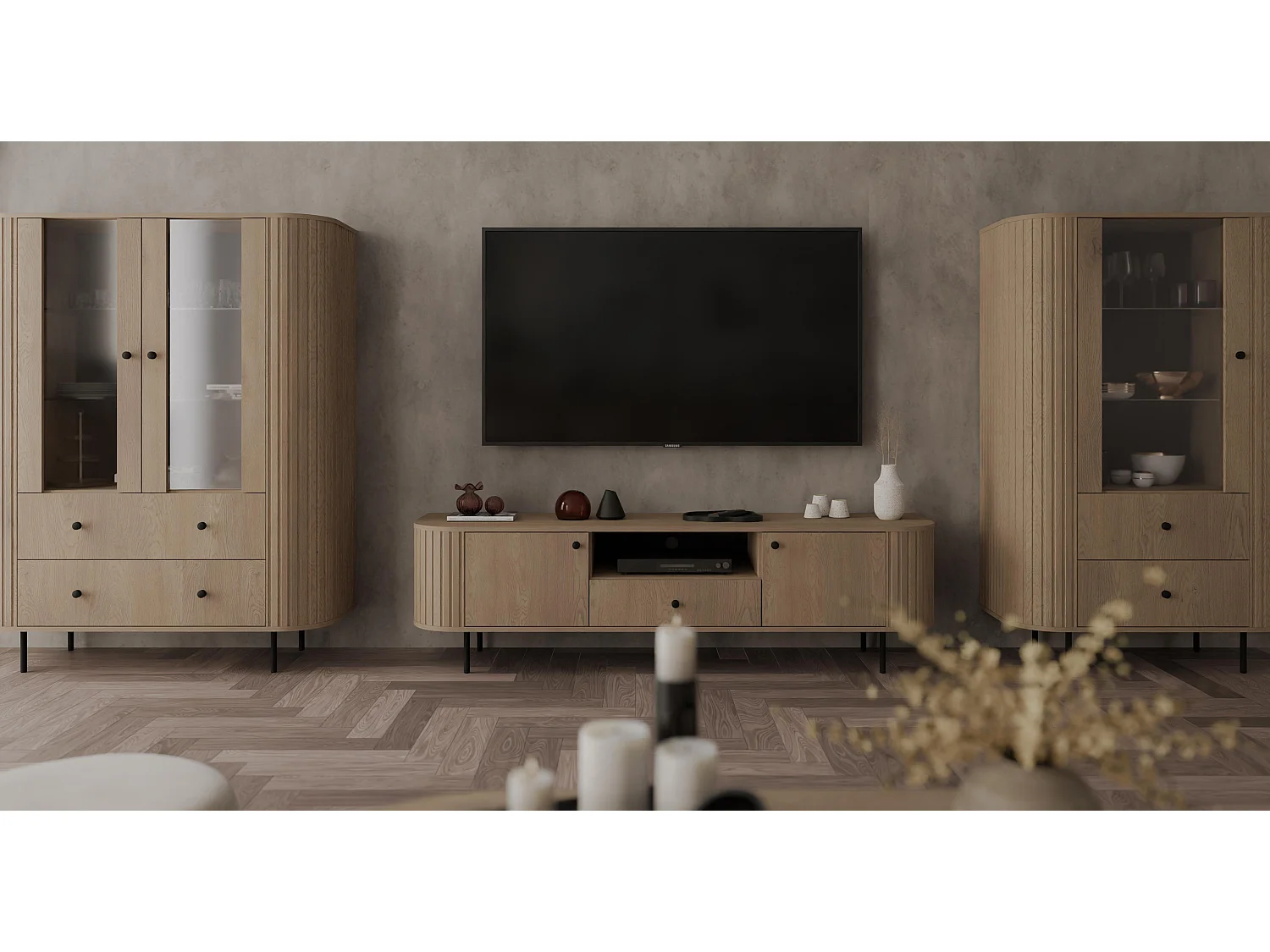 AX LIVING Vitrine Halay Eiche Cremona, 1 Tür & 2 Schubladen Moderne Rillenstruktur, mit runden Kanten