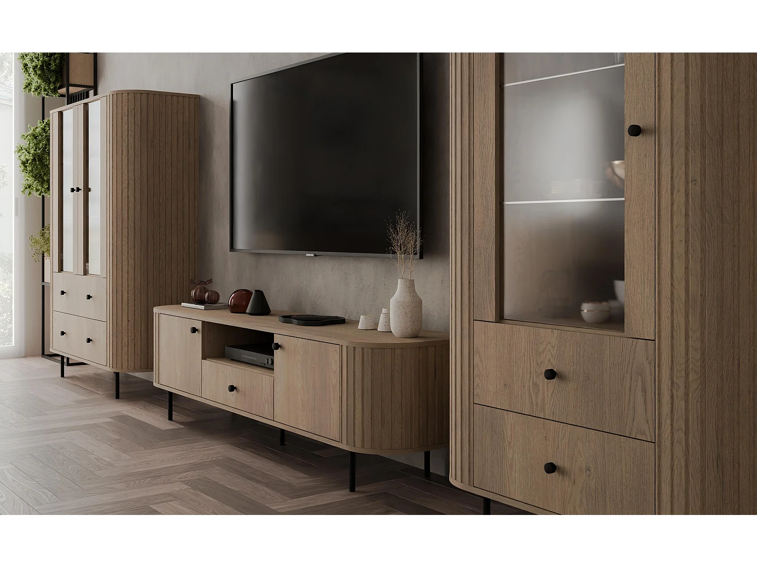 AX LIVING Vitrine Halay Eiche Cremona, 1 Tür & 2 Schubladen Moderne Rillenstruktur, mit runden Kanten