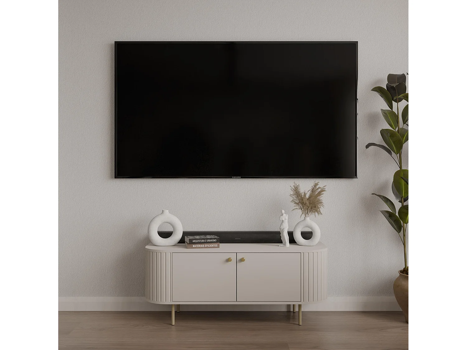 AX LIVING TV-Schrank Halay Beige, 2 Türen Moderne Rillenstruktur 123 cm, mit runden Kanten