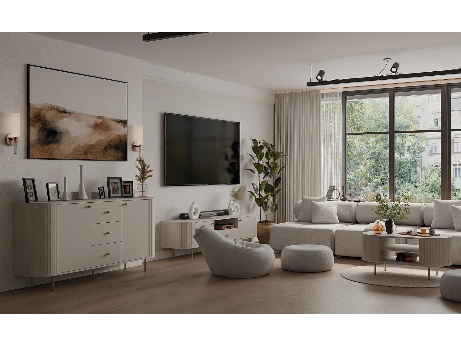 AX LIVING TV-Schrank Halay Beige, 2 Türen Moderne Rillenstruktur 123 cm, mit runden Kanten