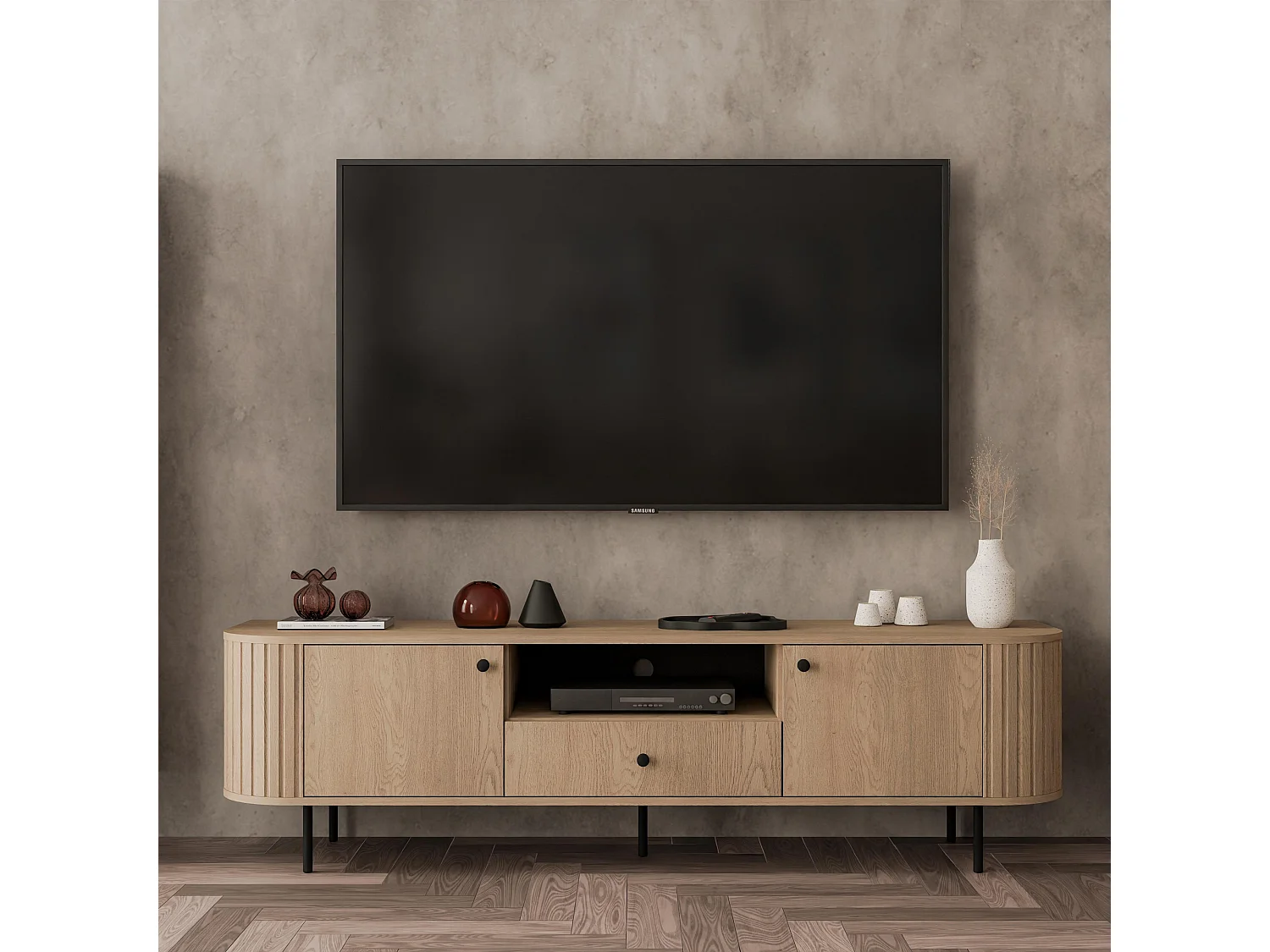 AX LIVING TV-Schrank Halay Eiche Cremona, 2 Türen & 1 Schublade Moderne Rillenstruktur 180,6 cm