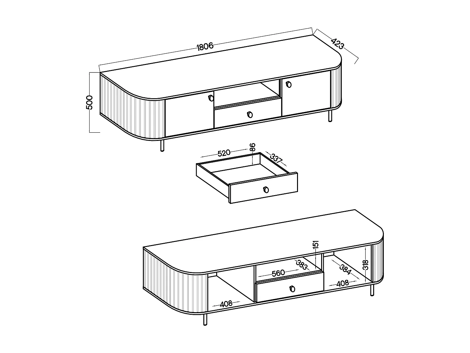 AX LIVING TV-Schrank Halay Eiche Cremona, 2 Türen & 1 Schublade Moderne Rillenstruktur 180,6 cm