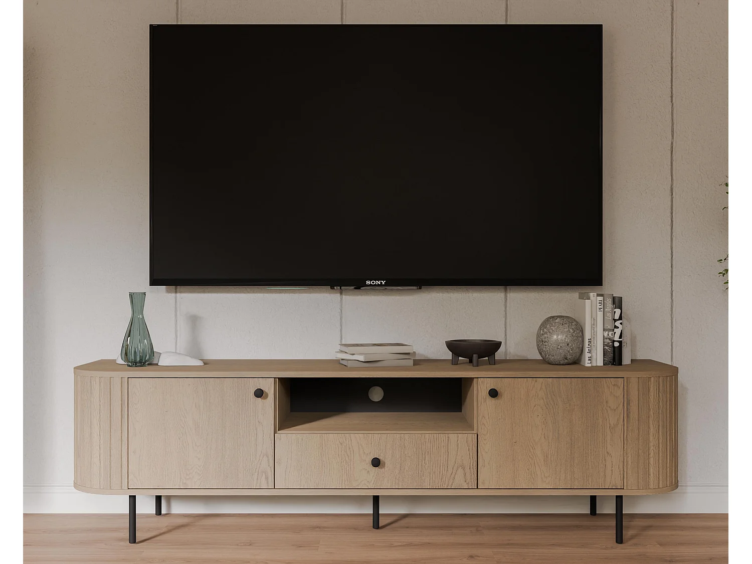 AX LIVING TV-Schrank Halay Eiche Cremona, 2 Türen & 1 Schublade Moderne Rillenstruktur 180,6 cm