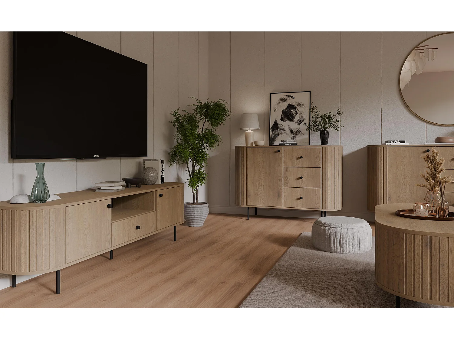 AX LIVING TV-Schrank Halay Eiche Cremona, 2 Türen & 1 Schublade Moderne Rillenstruktur 180,6 cm