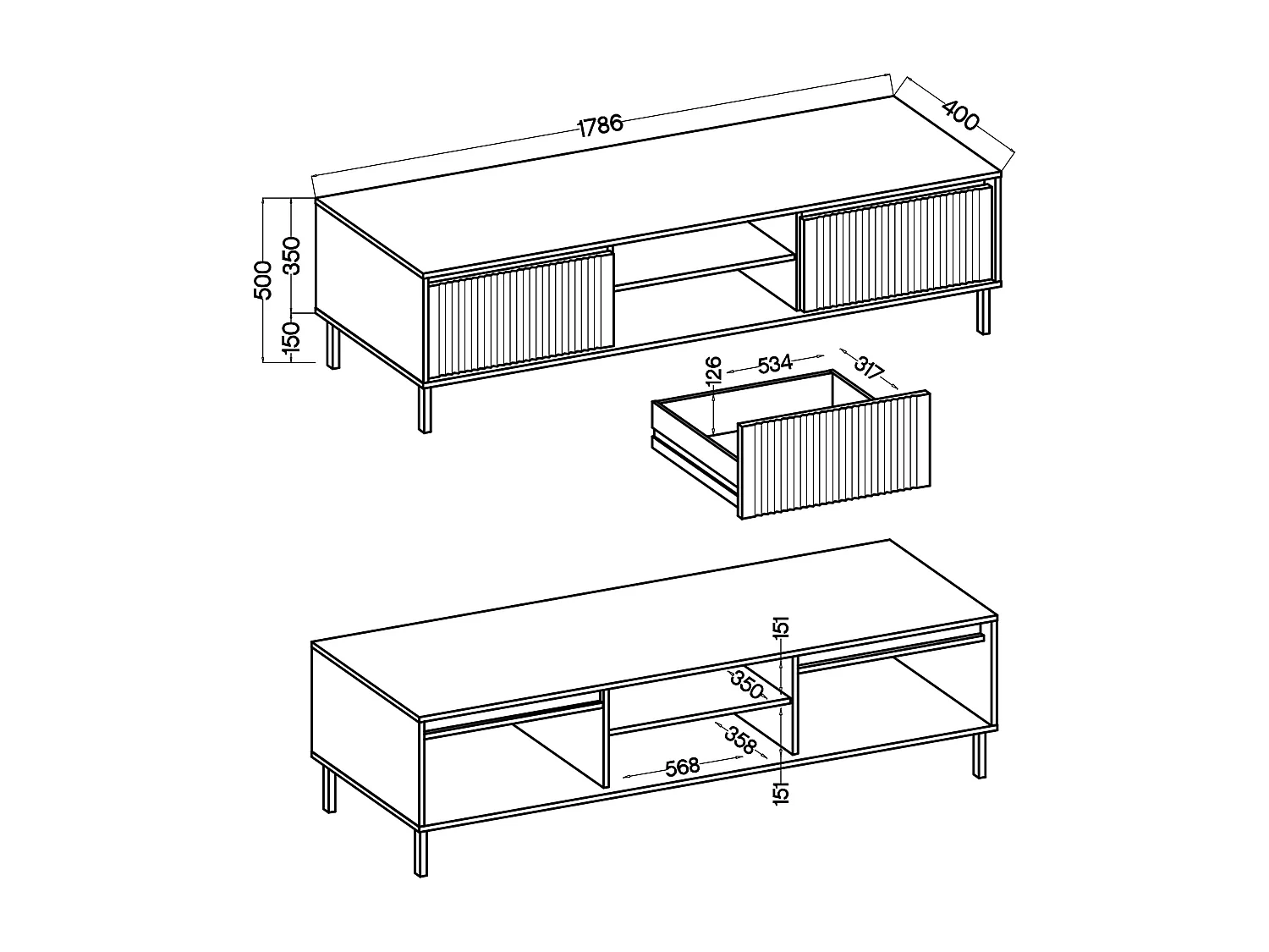 AX LIVING TV-Lowboard BODRUM RTV-Schrank 2 Schubladen 178 cm Eiche Evoke