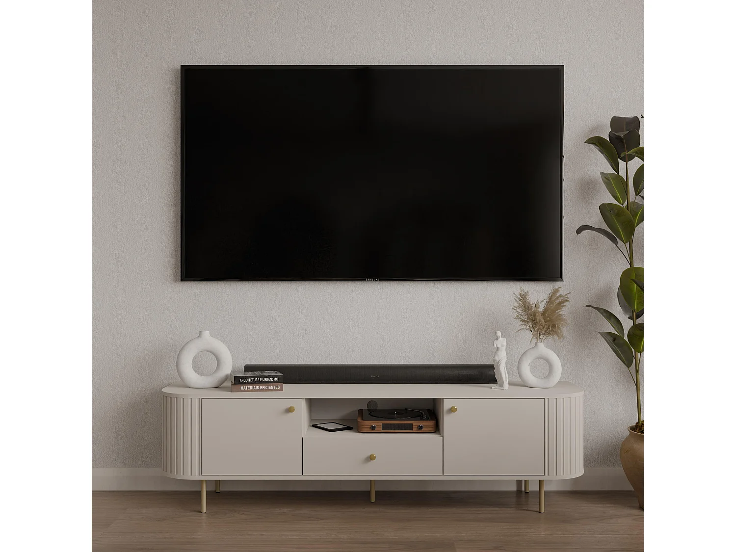 AX LIVING TV-Schrank Halay Beige, 2 Türen & 1 Schublade Moderne Rillenstruktur 180,6 cm