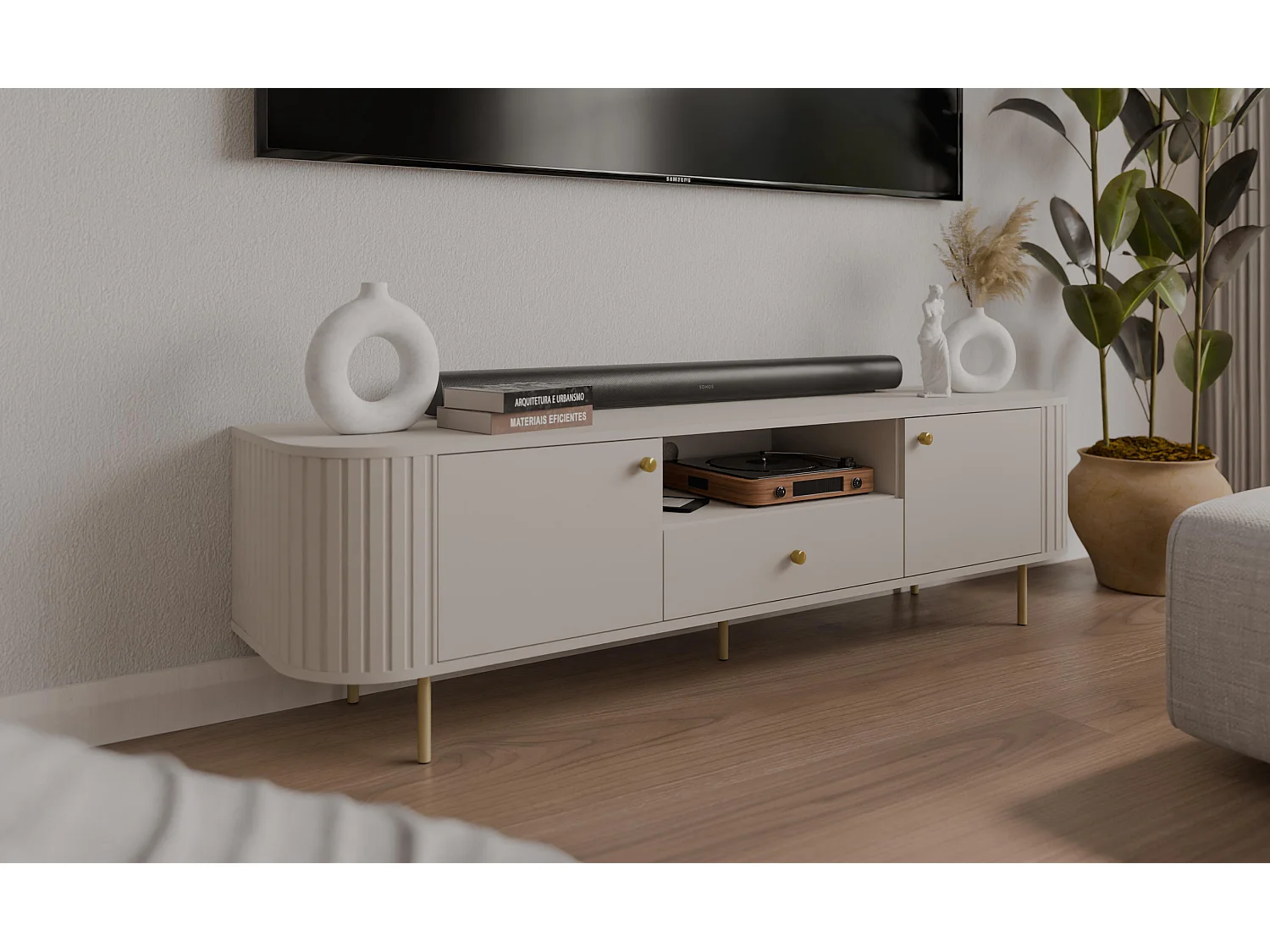 AX LIVING TV-Schrank Halay Beige, 2 Türen & 1 Schublade Moderne Rillenstruktur 180,6 cm