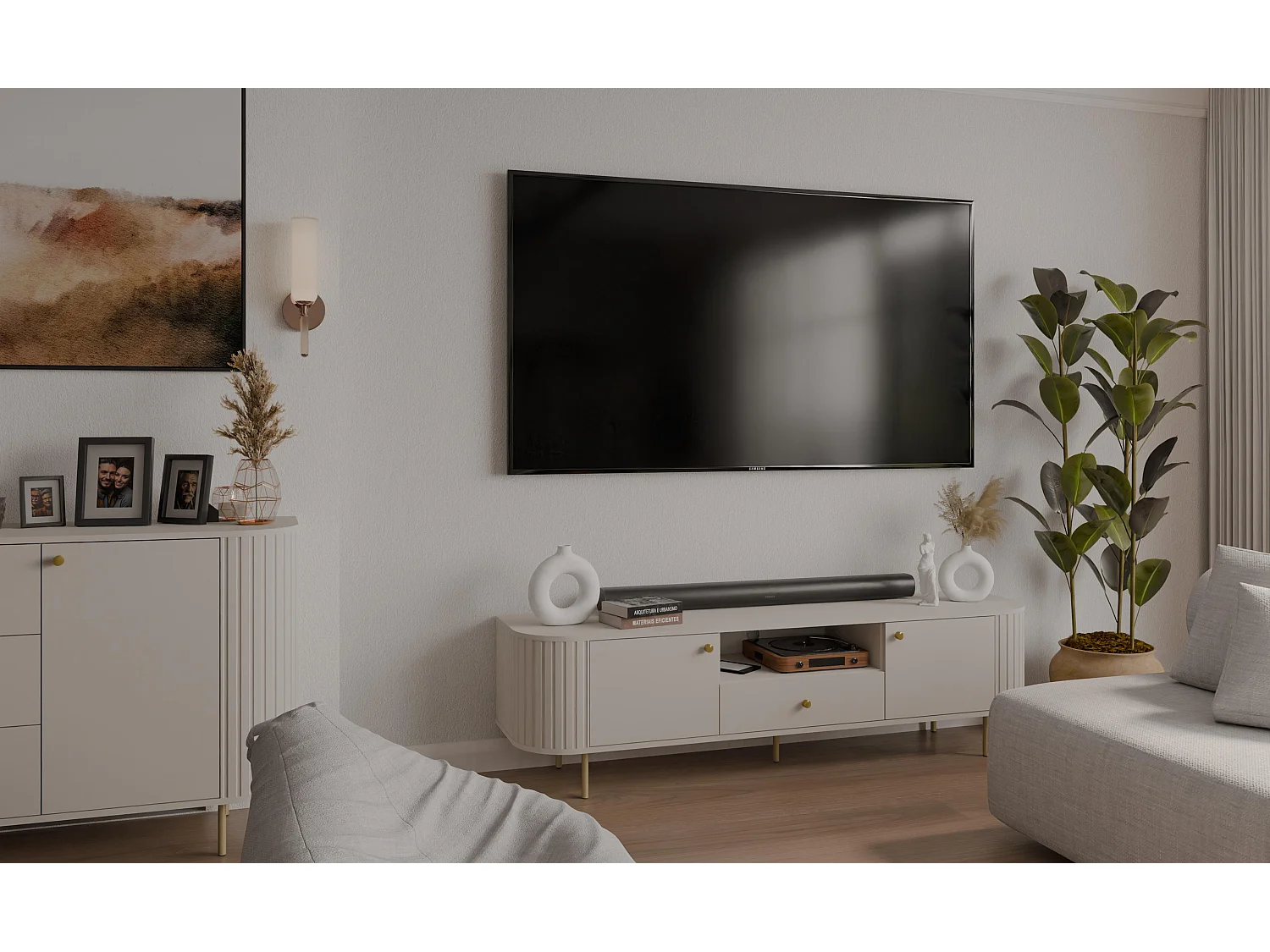 AX LIVING TV-Schrank Halay Beige, 2 Türen & 1 Schublade Moderne Rillenstruktur 180,6 cm