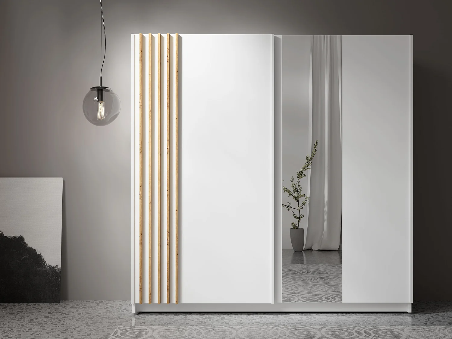 AX Living Kleiderschrank weiß mit Spiegel 200 cm – Beralto mit Lamellen