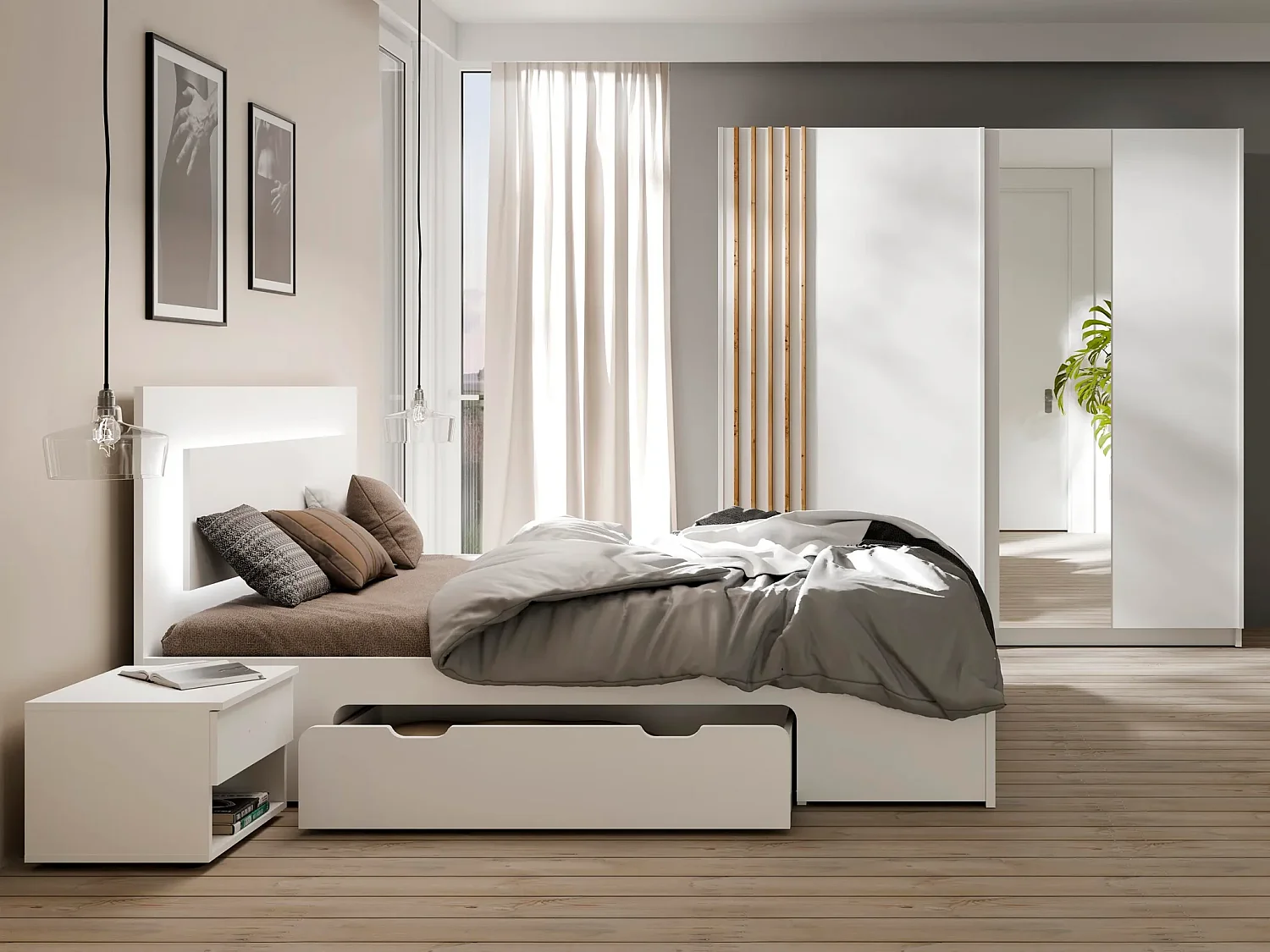 AX LIVING Kledingkast Beralto wit met spiegel 200 cm lamellen