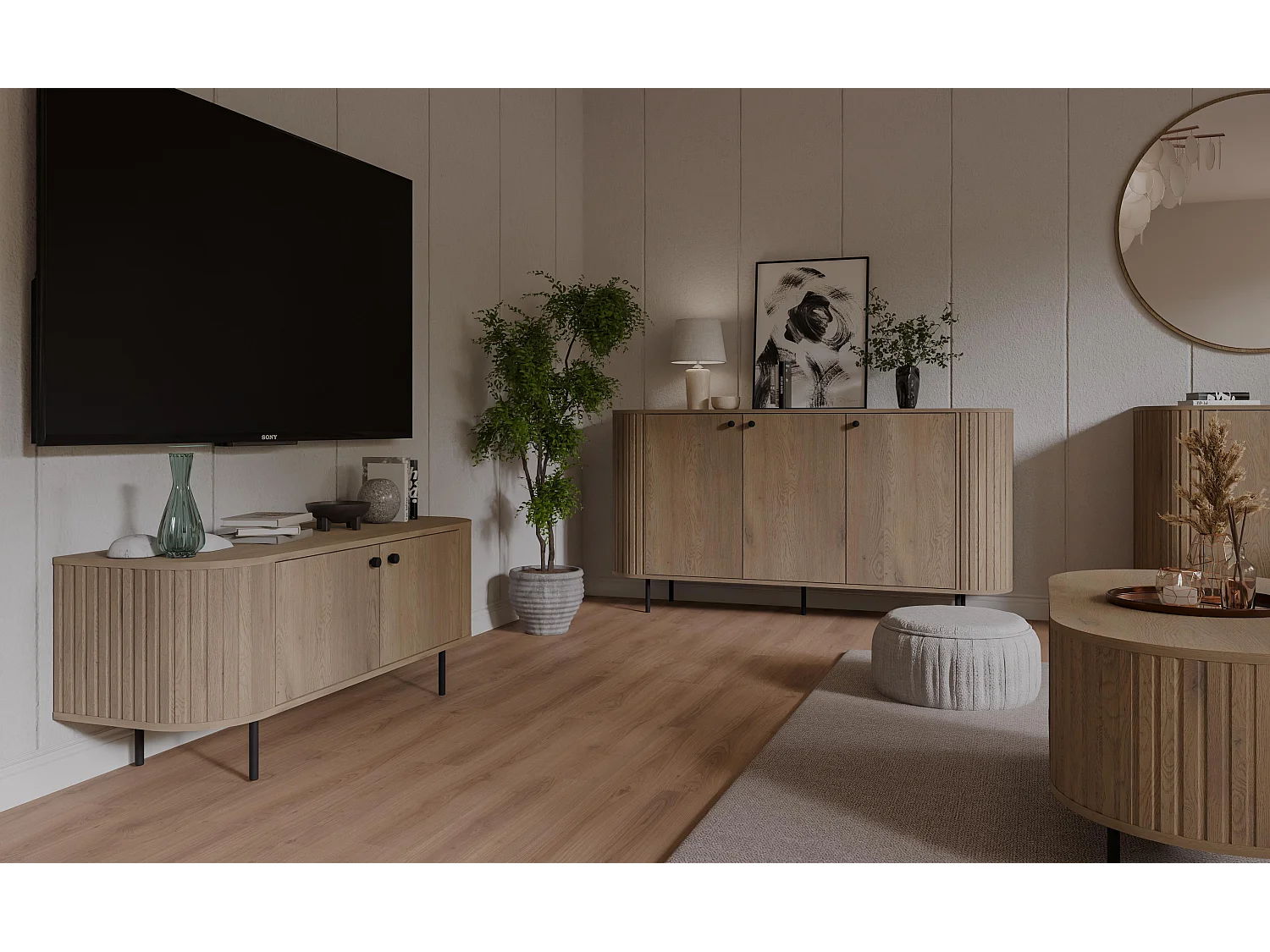 AX LIVING TV-Schrank Halay Eiche Cremona, 2 Türen Moderne Rillenstruktur 123 cm, mit runden Kanten