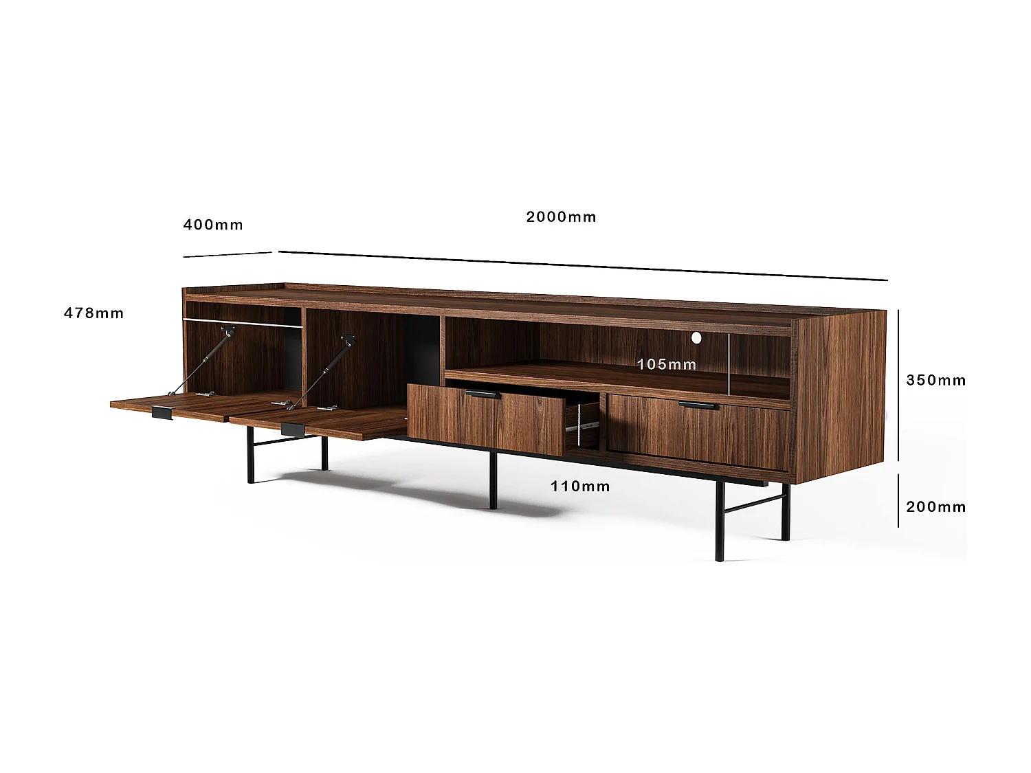 AX LIVING Nordiva TV Lowboard 200 cm Warmia Walnut Holz TV Möbel Modern