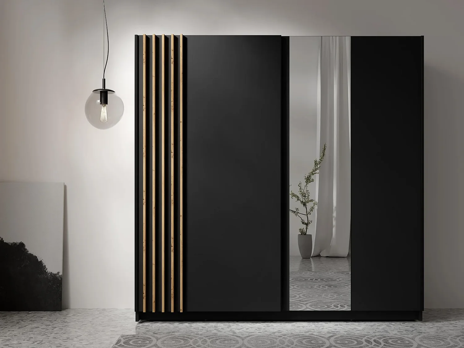 AX LIVING Kledingkast Beralto zwart met spiegel 202 cm Artisan lamellen