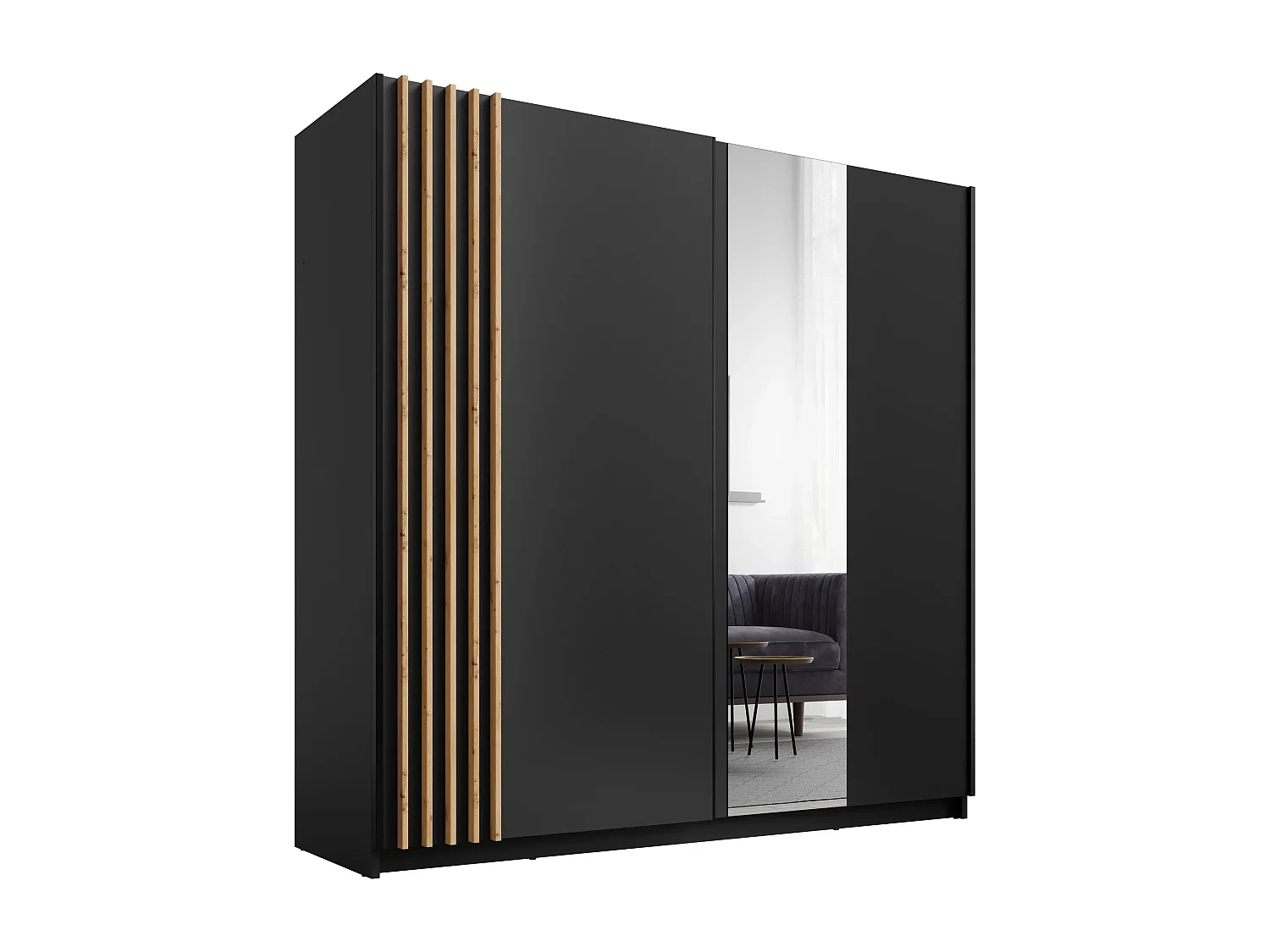 AX LIVING Kledingkast Beralto zwart met spiegel 202 cm Artisan lamellen