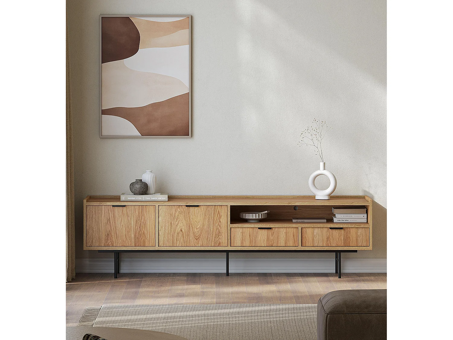 AX LIVING Nordiva TV Lowboard 200 cm Hikora Natur Holz TV Möbel Modern