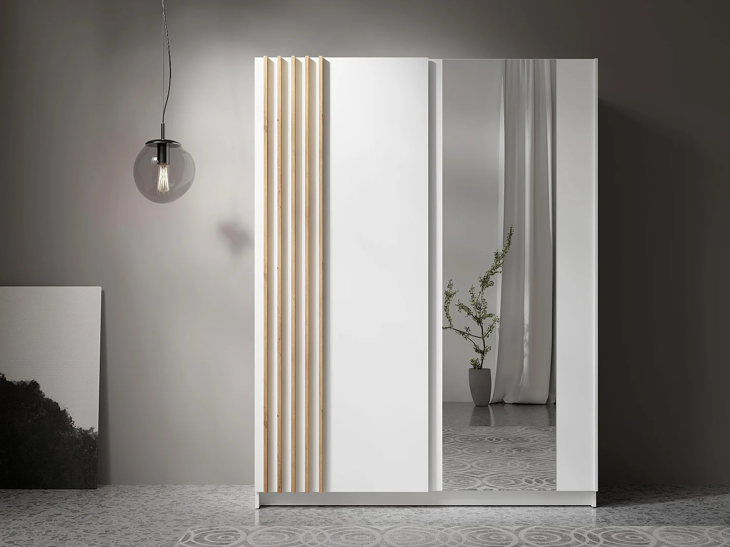 AX Living Kleiderschrank weiß mit Spiegel 150 cm – Beralto mit Lamellen