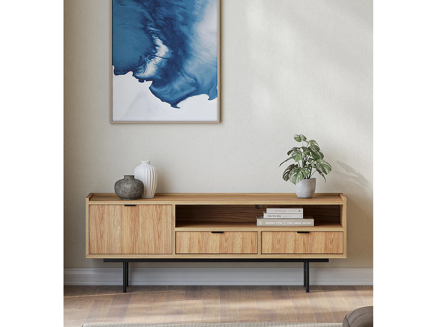 AX LIVING Nordiva Lowboard 150 cm Hikora Natur Holz TV Möbel Modern