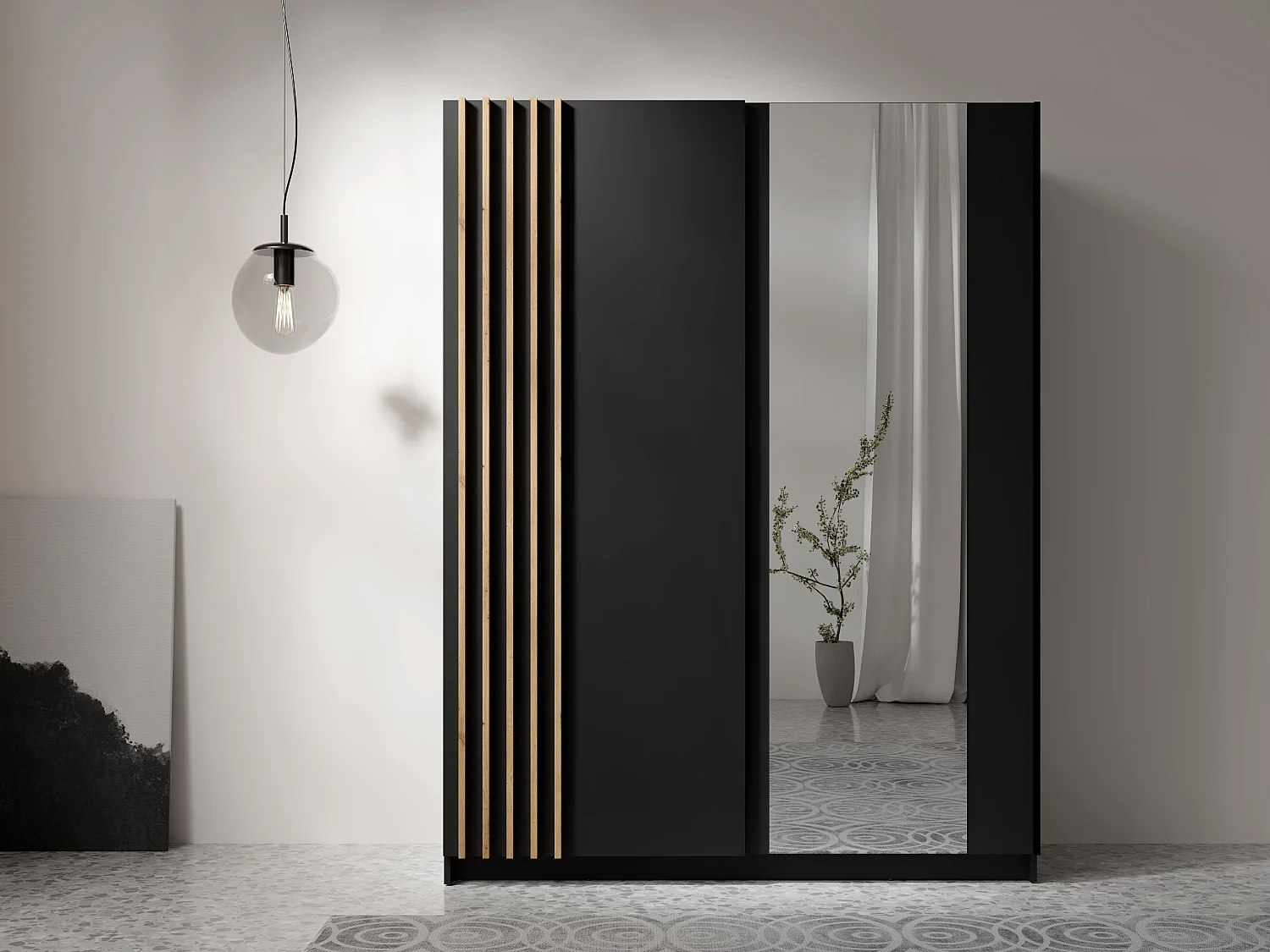 AX Living Kleiderschrank schwarz mit Spiegel 150 cm – Beralto mit Lamellen