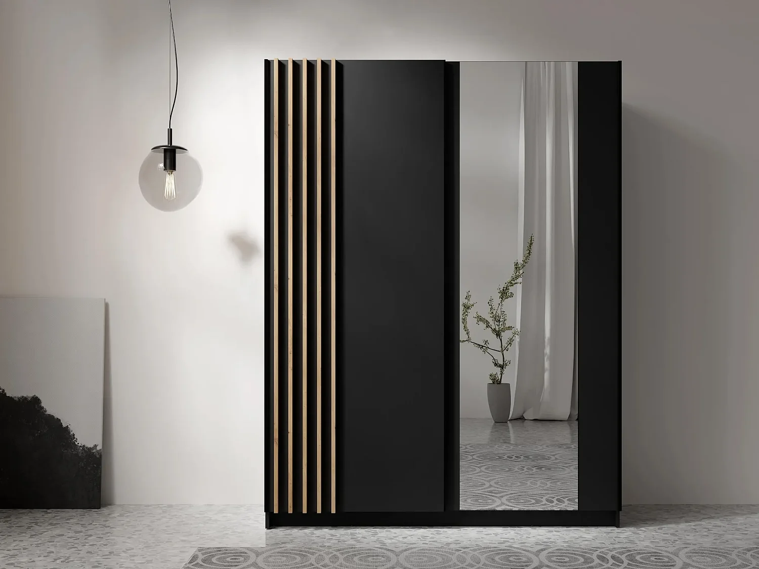 AX LIVING Kledingkast Beralto zwart met spiegel 150 cm lamellen