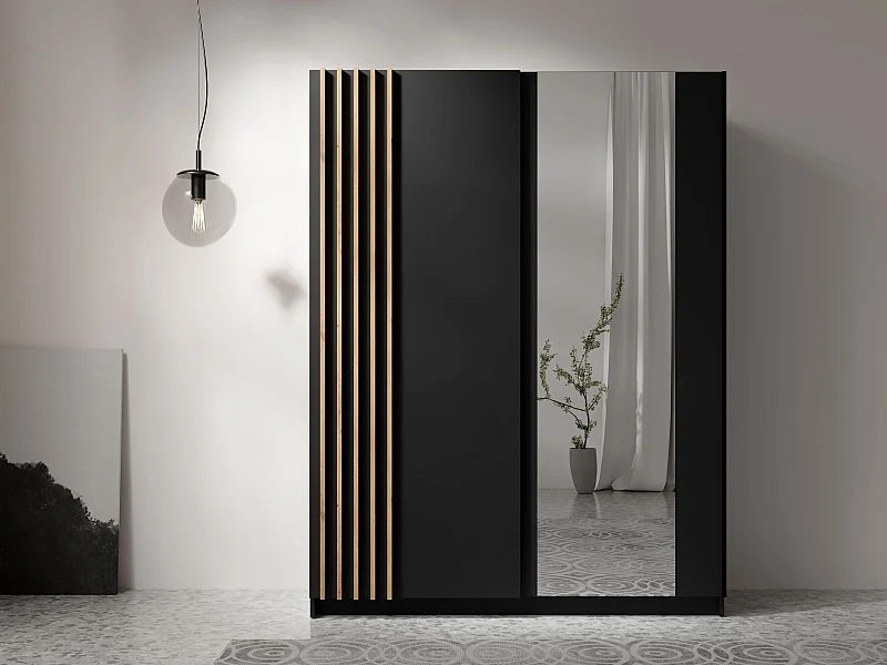 AX Living Kleiderschrank schwarz mit Spiegel 150 cm – Beralto mit Lamellen
