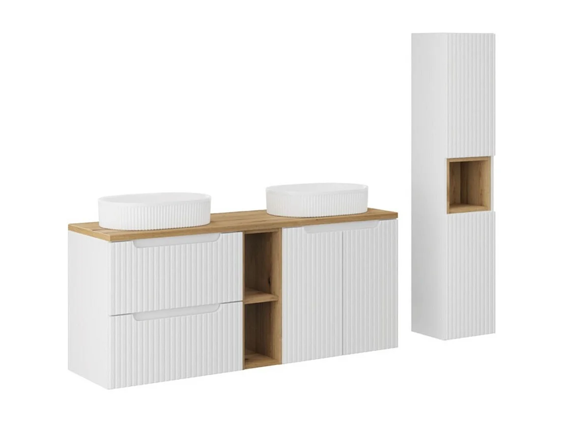 Ensemble VANO blanc 170cm : meubles sous vasque avec niches visibles à tiroirs et placards + deux vasques à poser + colonne