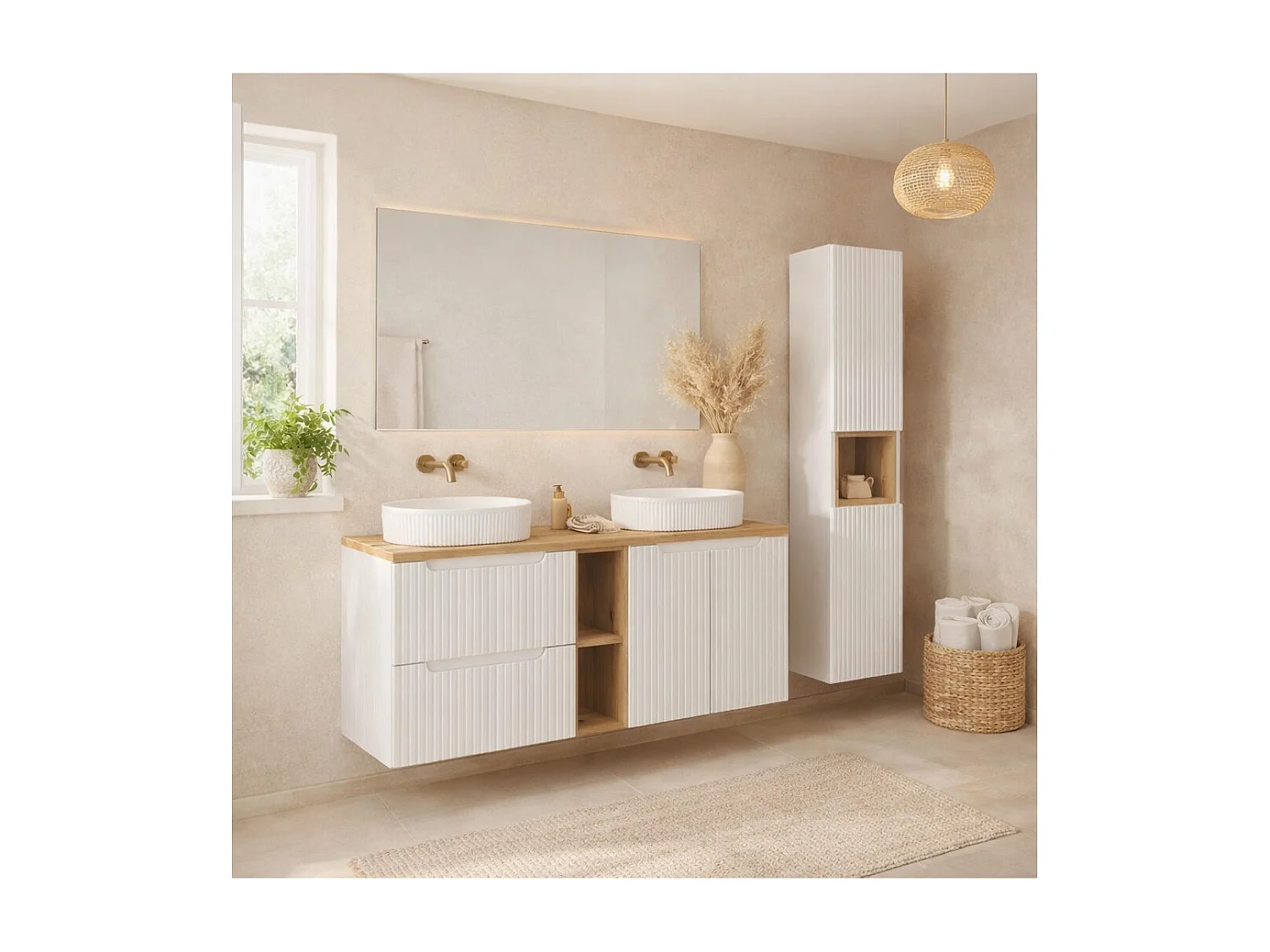 Ensemble VANO blanc 170cm : meubles sous vasque avec niches visibles à tiroirs et placards + deux vasques à poser + colonne