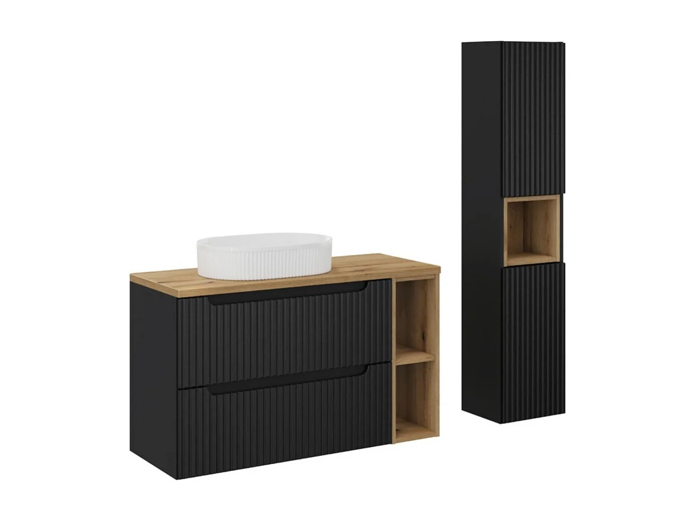 Ensemble VANO 130cm : meubles sous vasque avec niches visibles à tiroirs + plan pour vasque + vasque à poser + colonne