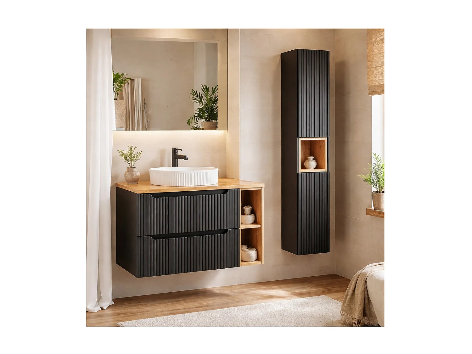 Ensemble VANO 130cm : meubles sous vasque avec niches visibles à tiroirs + plan pour vasque + vasque à poser + colonne