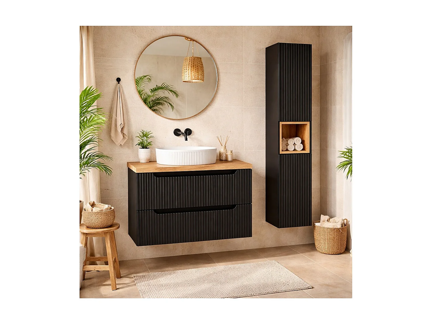 Ensemble VANO 110cm : meuble sous vasque à tiroirs + plan pour vasque + vasque à poser rainurée blanche + colonne