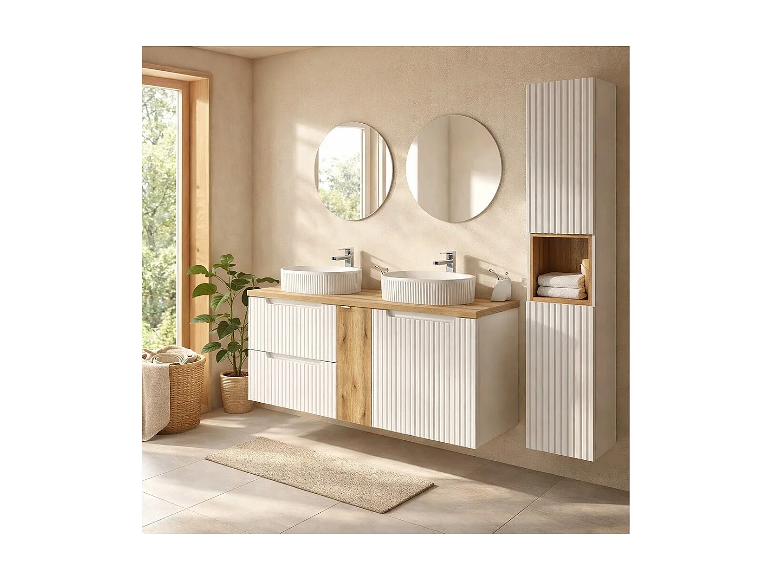 Ensemble VANO blanc 170cm : meubles sous vasque à tiroirs et placards + deux vasques à poser rainurées + colonne