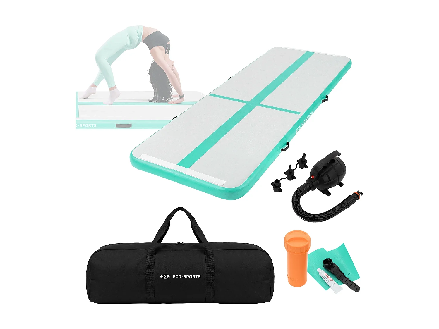 Tapis airtrack 300x100x10cm vert menthe piste de gymnastique gonflable pour tumbling yoga pilates et fitness avec pompe électrique et sac de transport