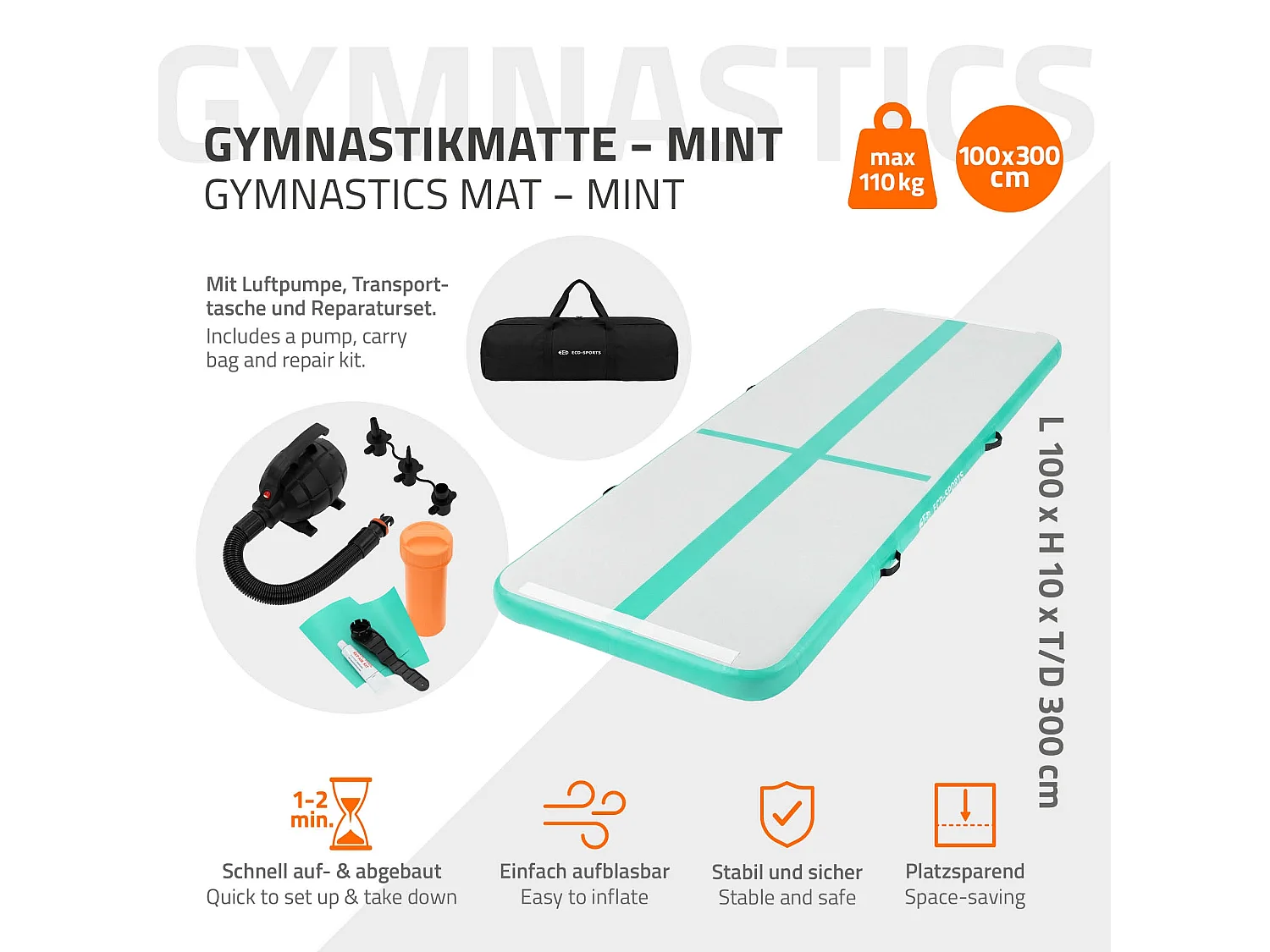 Tapis airtrack 300x100x10cm vert menthe piste de gymnastique gonflable pour tumbling yoga pilates et fitness avec pompe électrique et sac de transport