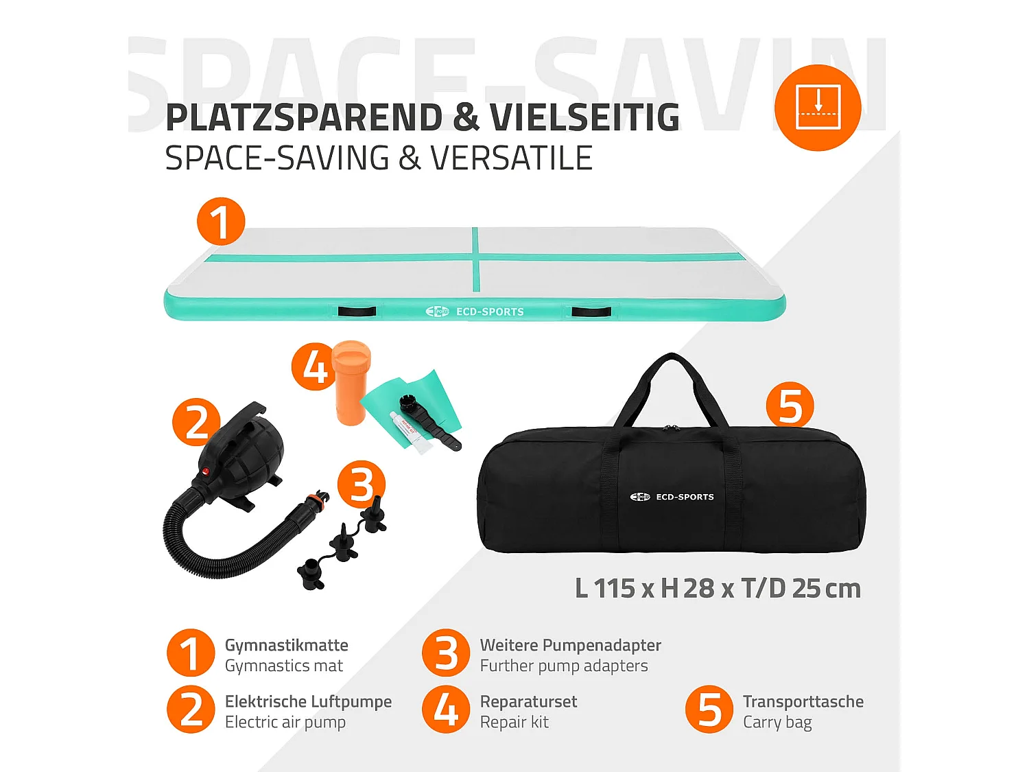 Tapis airtrack 300x100x10cm vert menthe piste de gymnastique gonflable pour tumbling yoga pilates et fitness avec pompe électrique et sac de transport