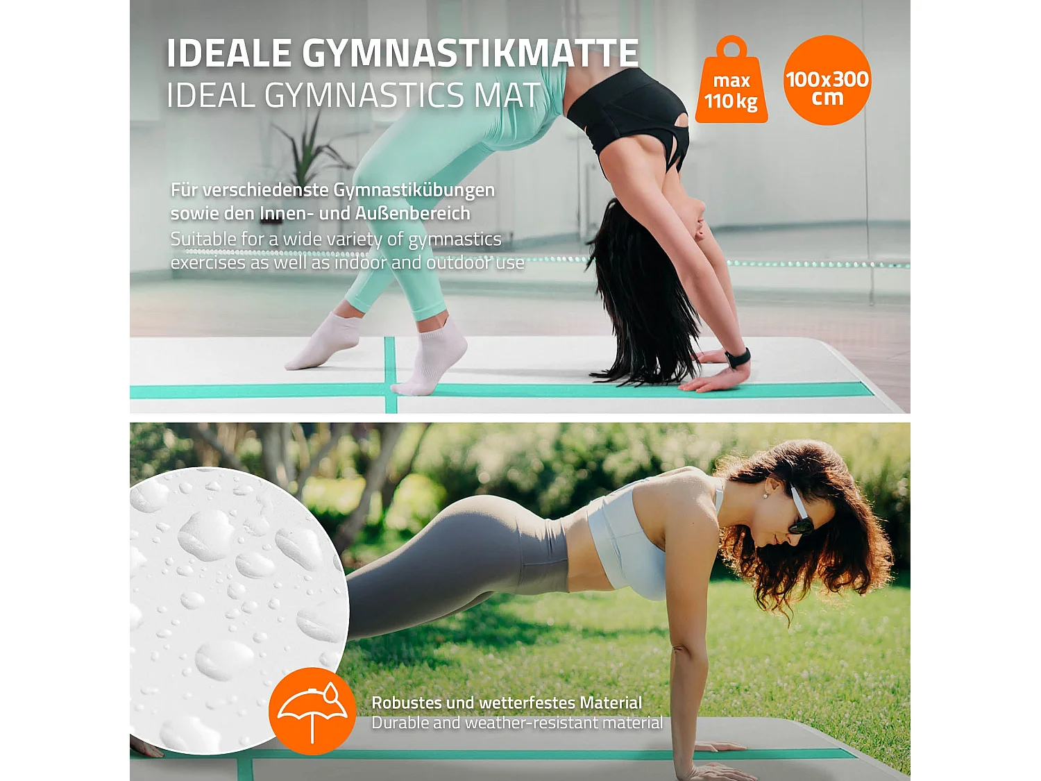 Tapis airtrack 300x100x10cm vert menthe piste de gymnastique gonflable pour tumbling yoga pilates et fitness avec pompe électrique et sac de transport