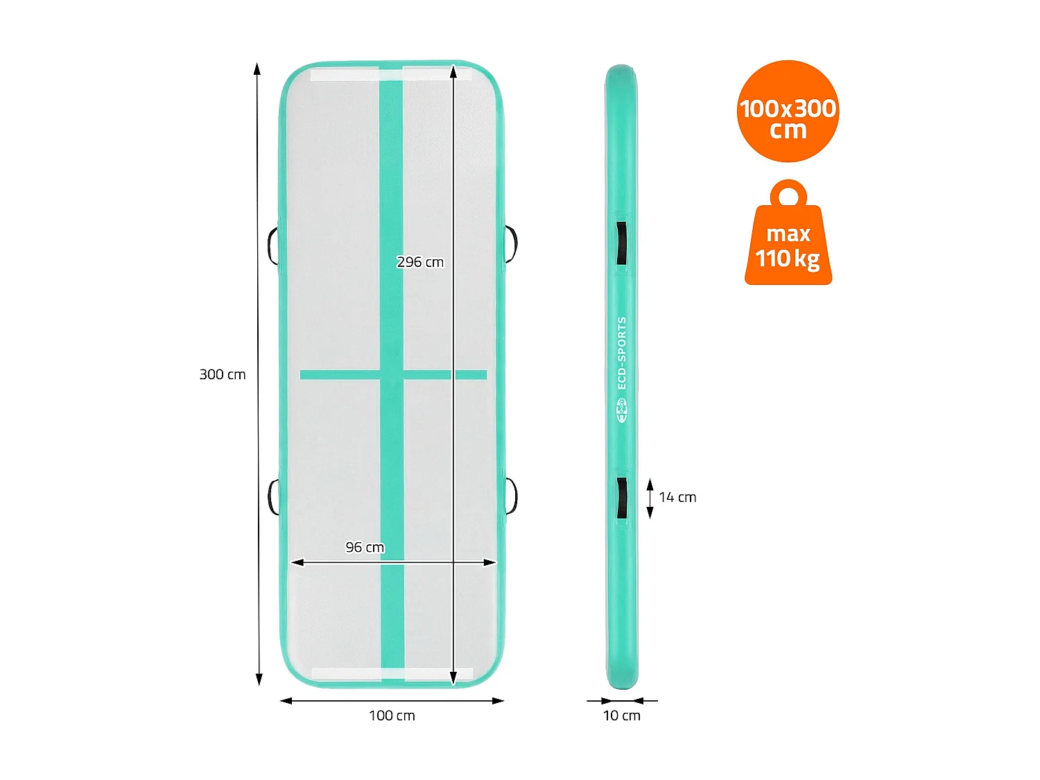 Tapis airtrack 300x100x10cm vert menthe piste de gymnastique gonflable pour tumbling yoga pilates et fitness avec pompe électrique et sac de transport