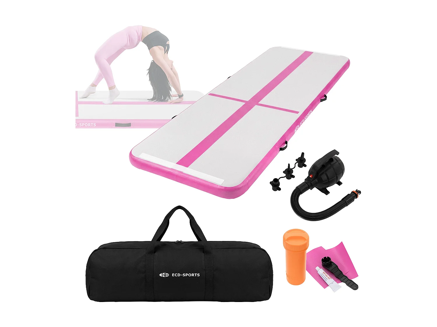 Tapis airtrack 300x100x10cm en rose piste de gymnastique gonflable pour tumbling yoga pilates et fitness avec pompe électrique et sac de transport