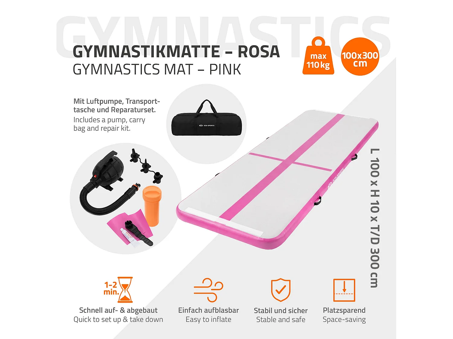 Tapis airtrack 300x100x10cm en rose piste de gymnastique gonflable pour tumbling yoga pilates et fitness avec pompe électrique et sac de transport