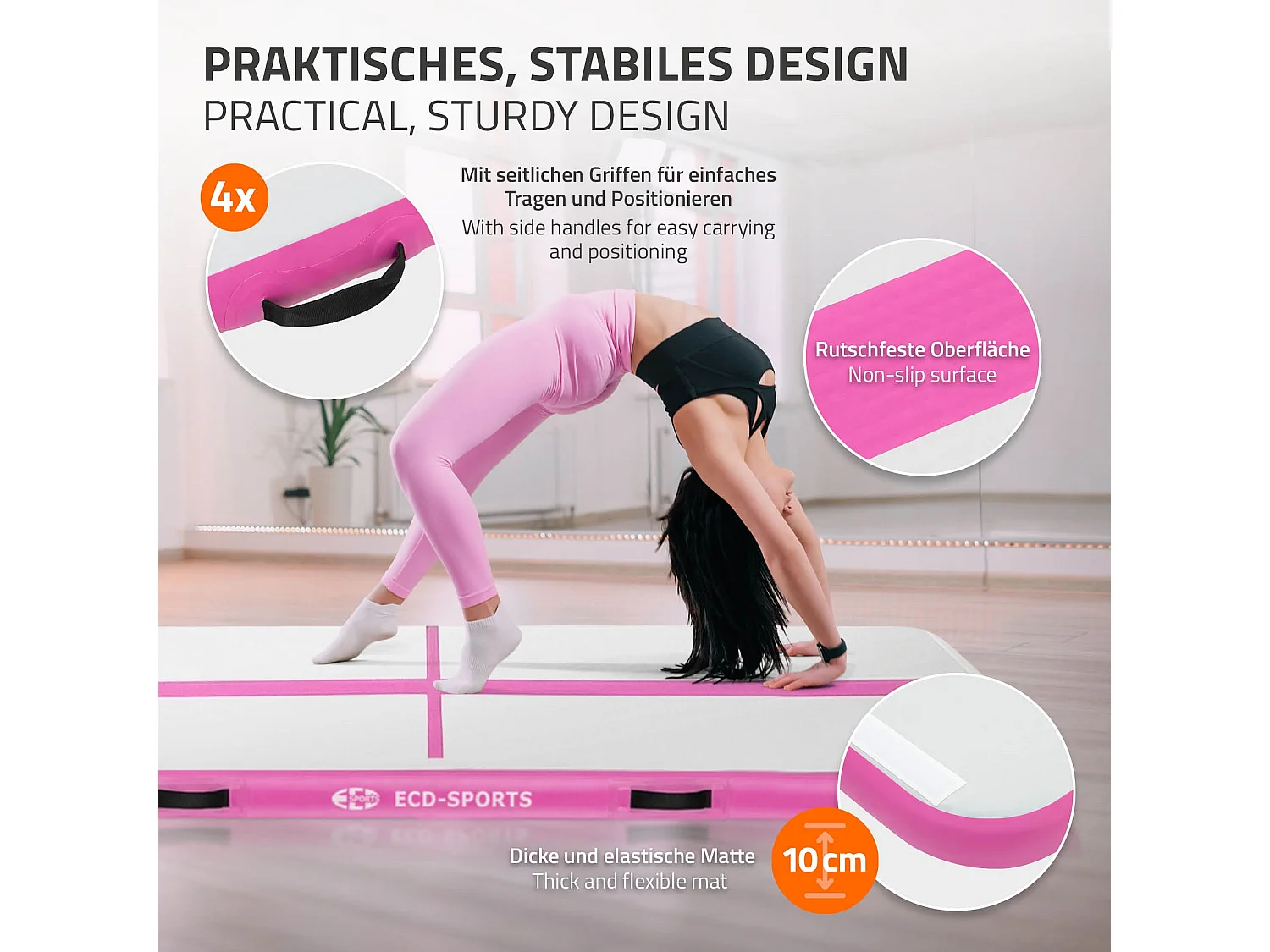 Tapis airtrack 300x100x10cm en rose piste de gymnastique gonflable pour tumbling yoga pilates et fitness avec pompe électrique et sac de transport
