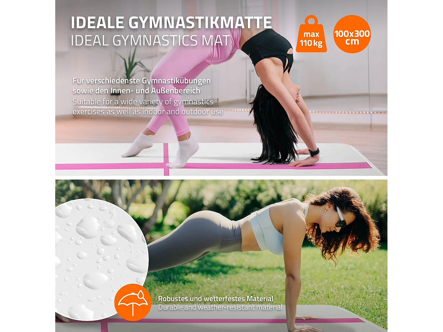 Tapis airtrack 300x100x10cm en rose piste de gymnastique gonflable pour tumbling yoga pilates et fitness avec pompe électrique et sac de transport