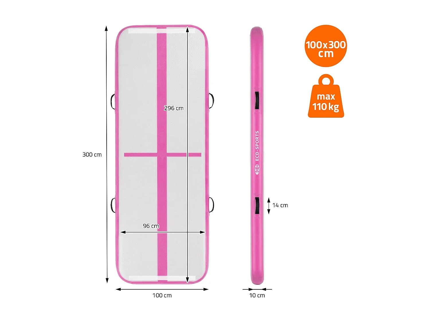 Tapis airtrack 300x100x10cm en rose piste de gymnastique gonflable pour tumbling yoga pilates et fitness avec pompe électrique et sac de transport