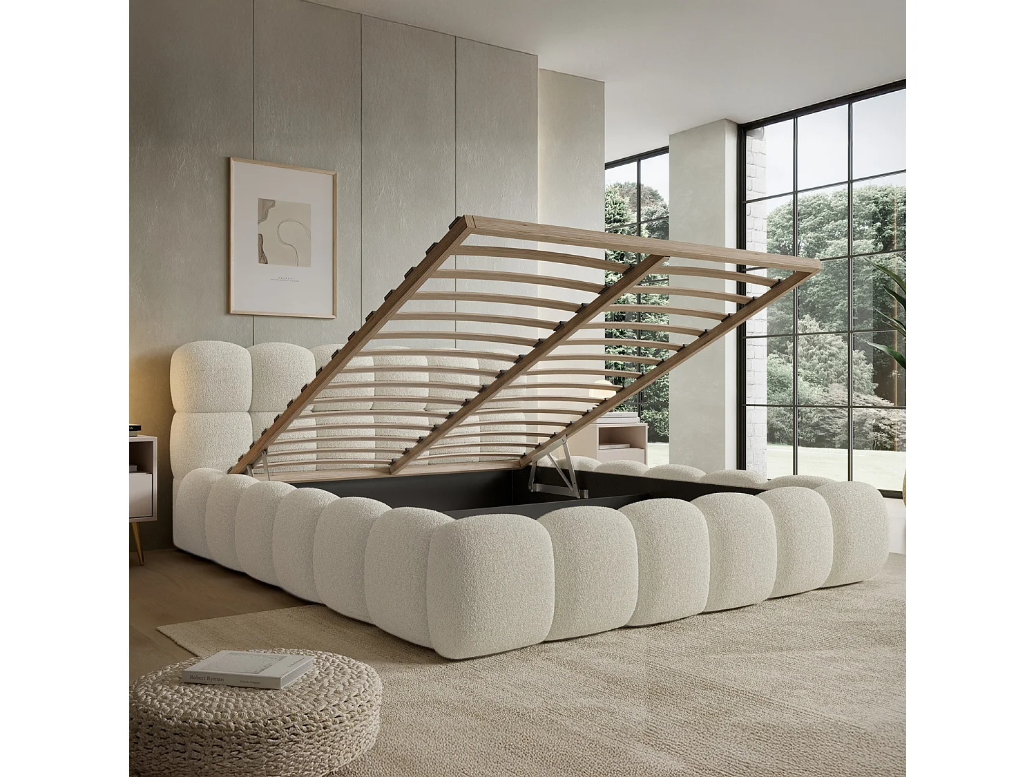 Lit coffre Tomaso 140cm Bouclette Beige