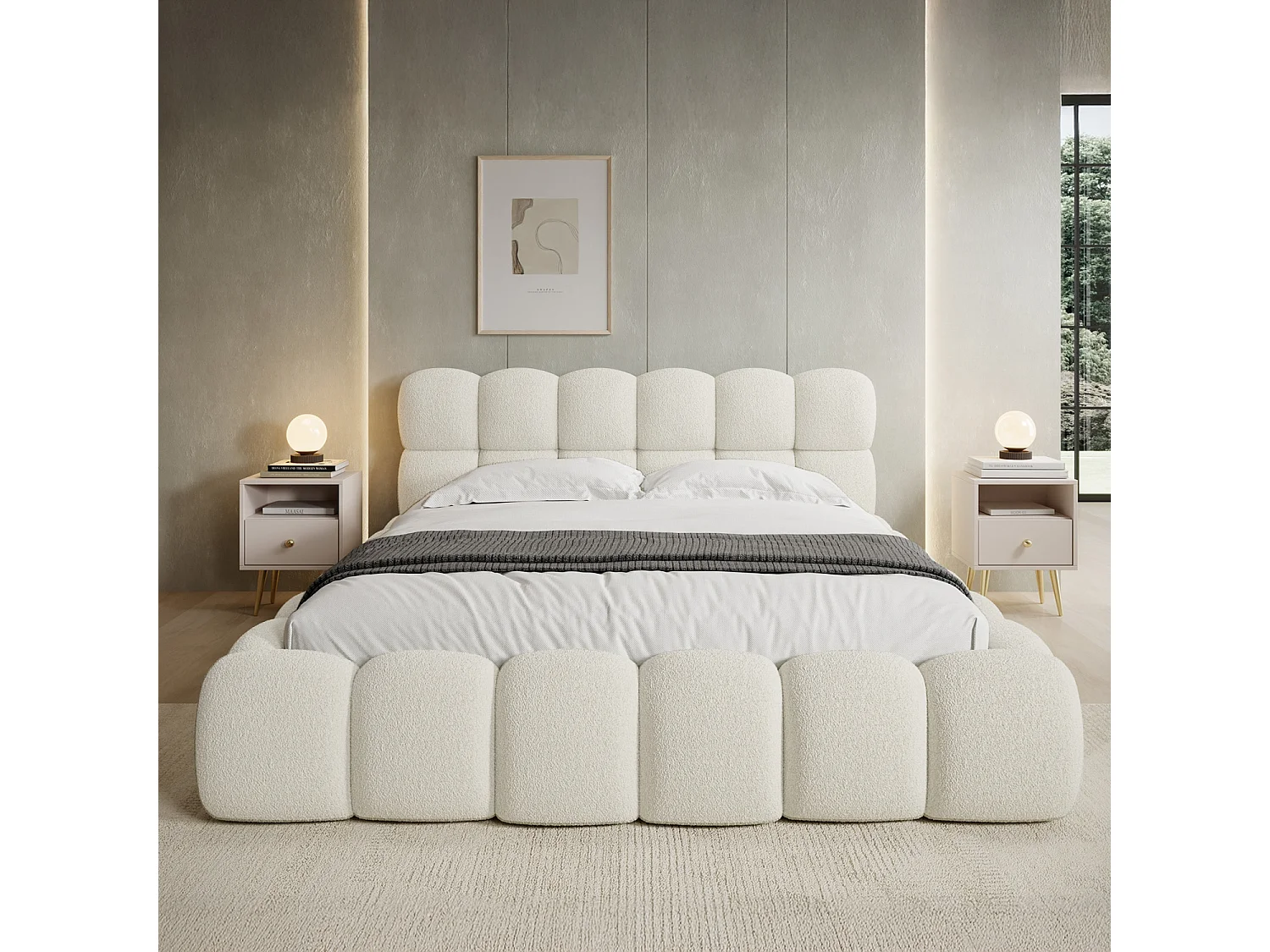 Lit coffre Tomaso 140cm Bouclette Beige