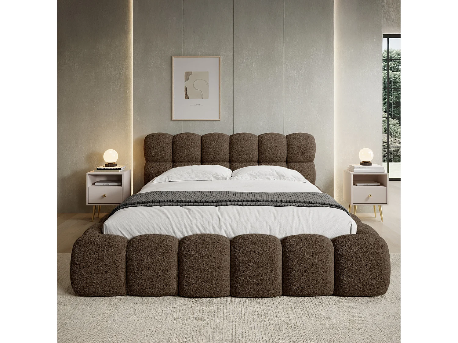 Lit coffre Tomaso 140cm Bouclette Taupe